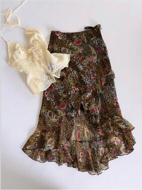 vintage WD.NY Brown Leopard Paisley Ruffle Midi Skirt
